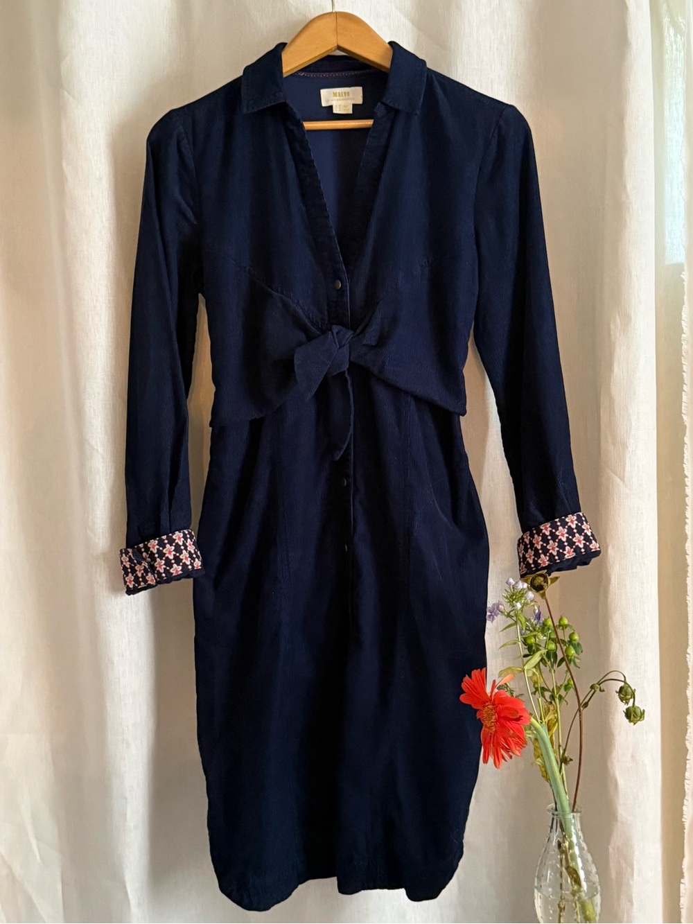 Anthropologie Maeve Winchester Corduroy Shirt Dress 10 Navy Blue Tie Waist